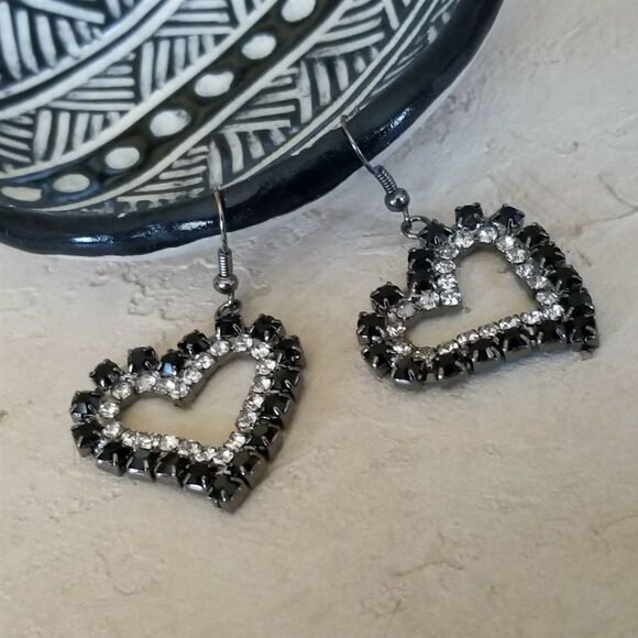 Open Heart Gunmetal Grey Black and Clear Austrian Crystal Dangle Earrings - Picture 2 of 6